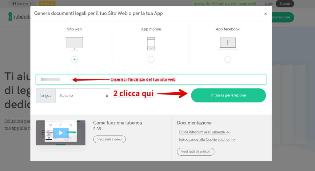 iubenda cookie 2 cookies privacy: inserisci l'indirizzo del tuo sito web